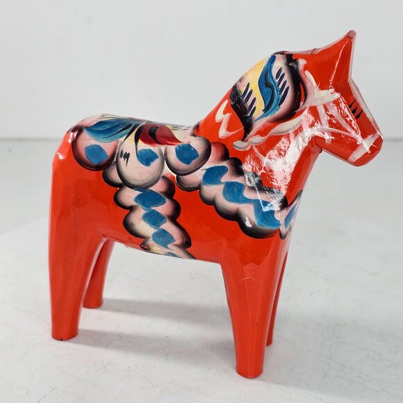 Swedish Dala Horse Figurine 5" Hand-Painted Nils Olsson Red Blue Folk Art Decor - Picture 5 of 9